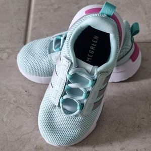 Green/Pink/Silver Adidas Racer shoes for kid size 8 with elastic no tie laces